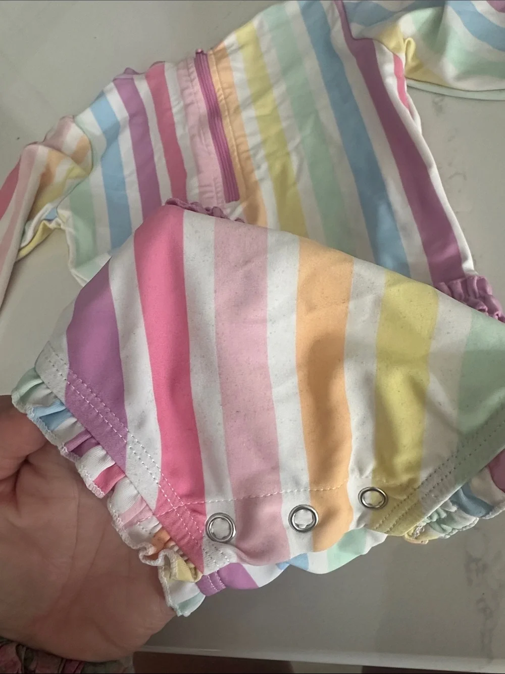 Ruffle Butts Long Sleeve One Piece RashGuard SwimSuit Pastel Rainbow Stripes 3T